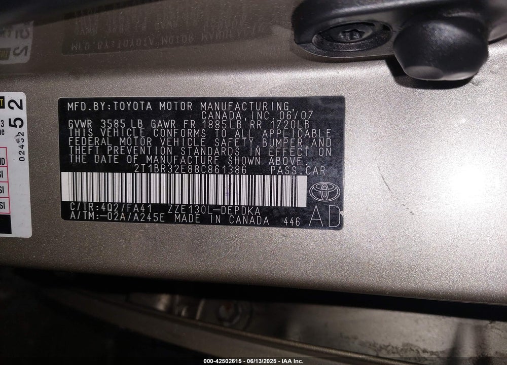 2008 TOYOTA COROLLA VIN: 2T1BR32E88C861386