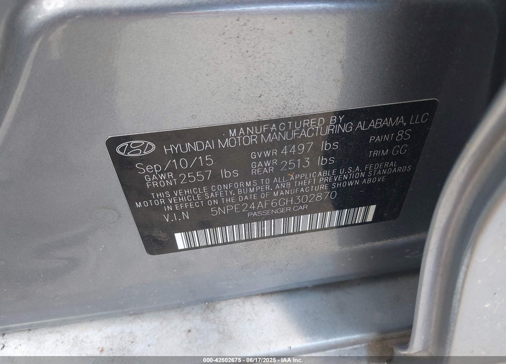 2016 HYUNDAI SONATA VIN: 5NPE24AF6GH302870