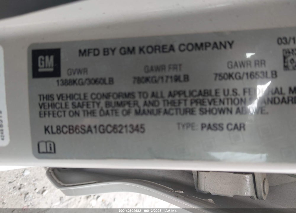 2016 CHEVROLET SPARK VIN: KL8CB6SA1GC621345