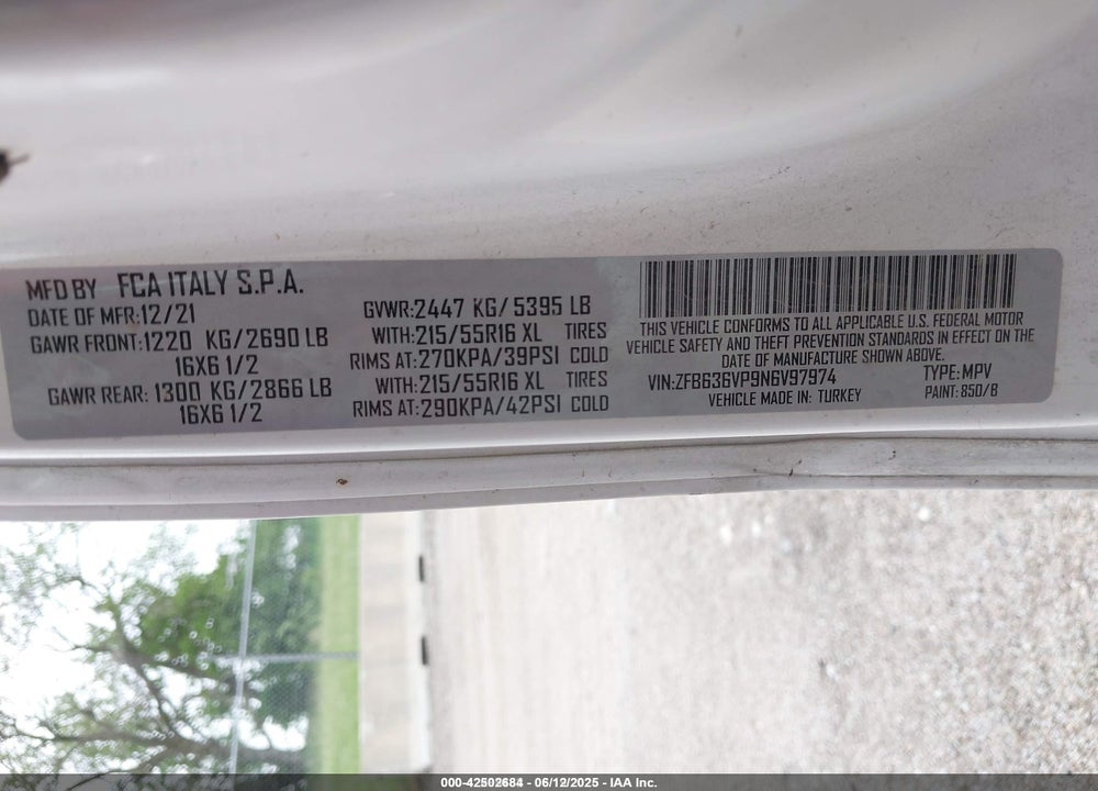 2022 RAM PROMASTER CITY CARGO VAN VIN: ZFB636VP9N6V97974