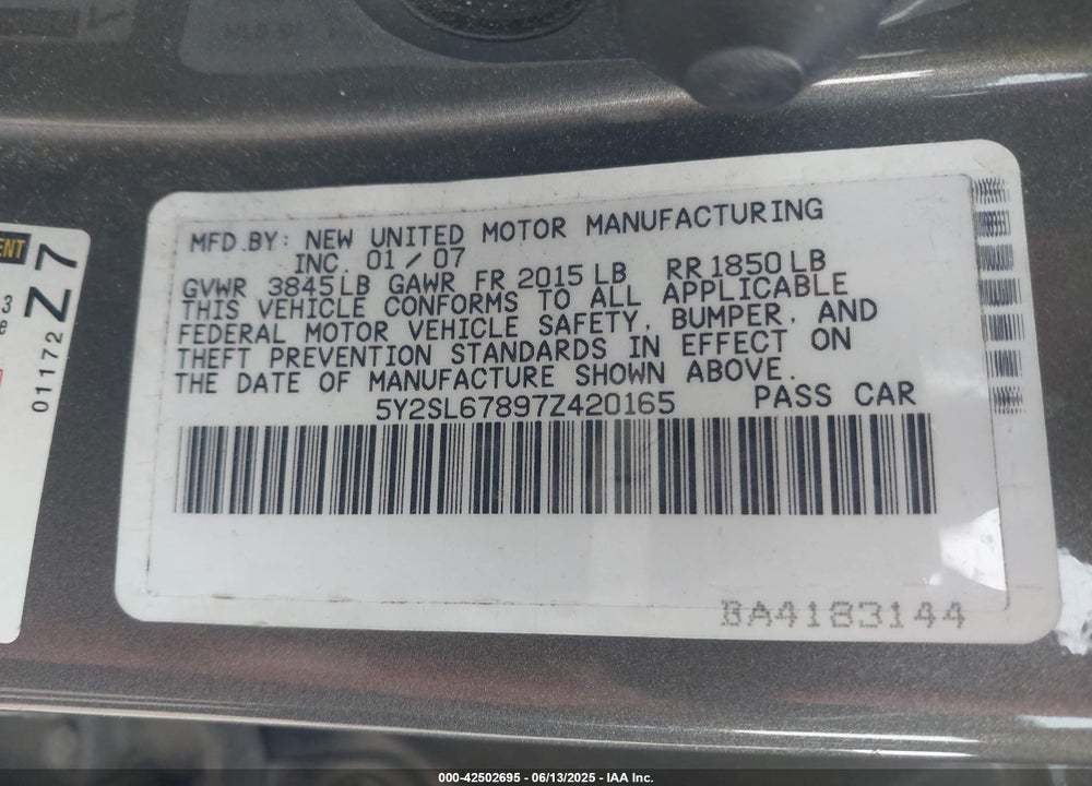 2007 PONTIAC VIBE VIN: 5Y2SL67897Z420165