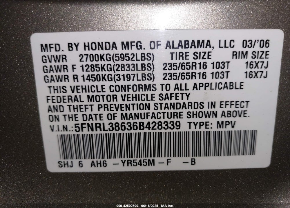 2006 HONDA ODYSSEY EX-L VIN: 5FNRL38636B428339