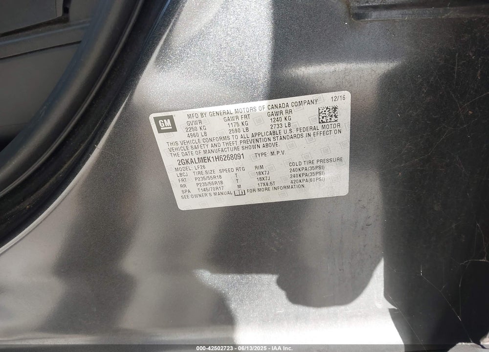 2017 GMC TERRAIN SLE-1 VIN: 2GKALMEK1H6268091