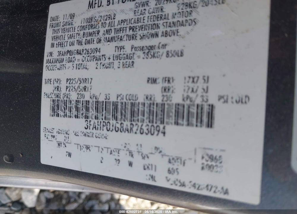 2010 FORD FUSION VIN: 3FAHP0JG8AR263094
