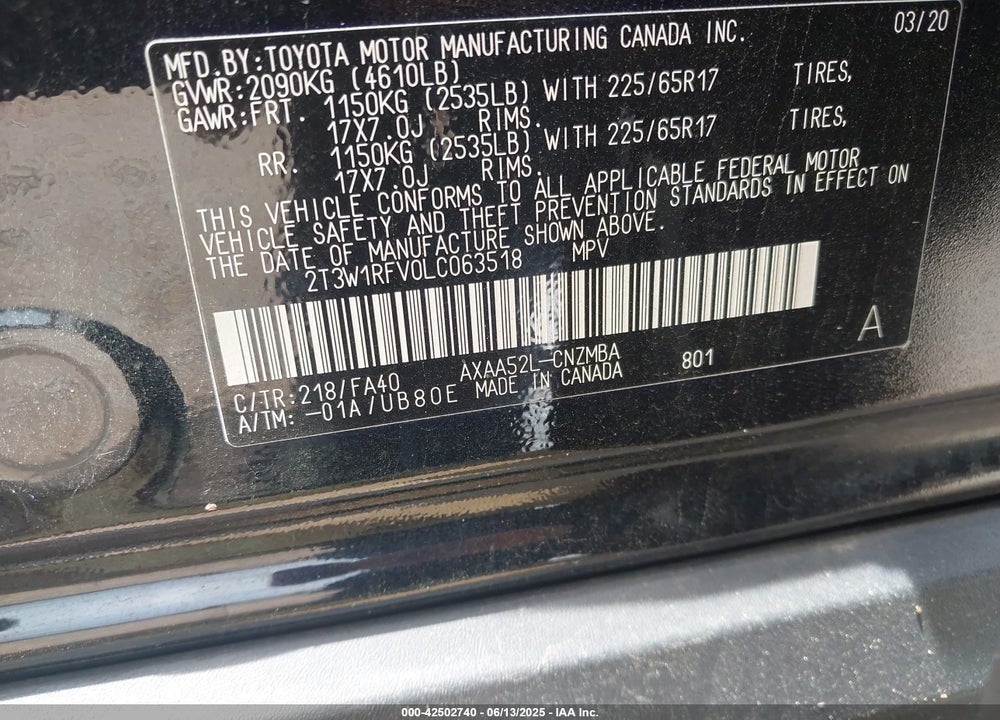 2020 TOYOTA RAV4 VIN: 2T3W1RFV0LC063518