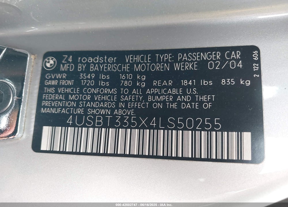 2004 BMW Z4 2.5I VIN: 4USBT335X4LS50255