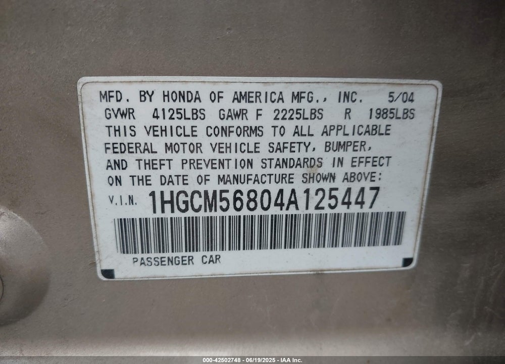 2004 HONDA ACCORD 2.4 EX VIN: 1HGCM56804A125447