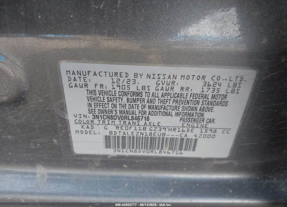 2024 NISSAN VERSA VIN: 3N1CN8DV0RL846716