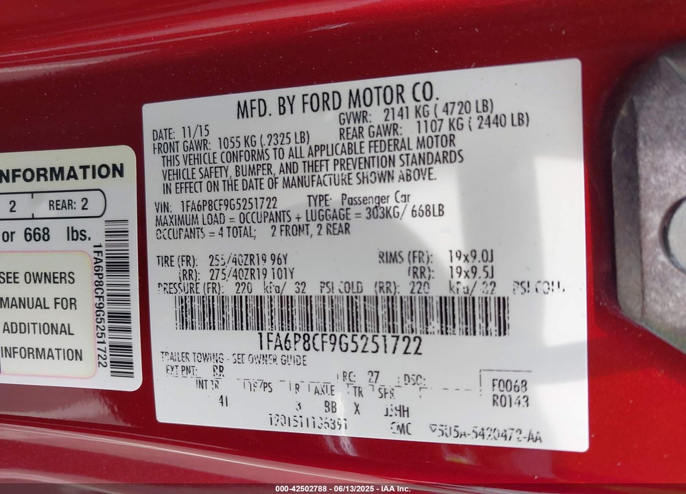 2016 FORD MUSTANG VIN: 1FA6P8CF9G5251722