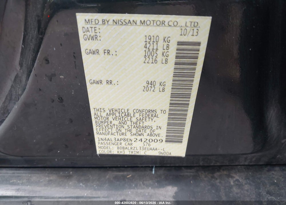 2014 NISSAN ALTIMA 2.5 S VIN: 1N4AL3AP8EN242009