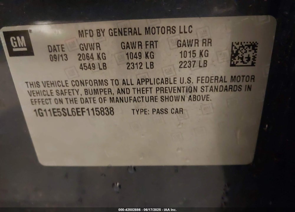 2014 CHEVROLET MALIBU VIN: 1G11E5SL6EF115838