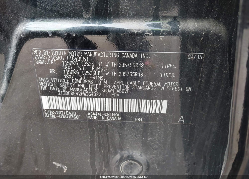 2015 TOYOTA RAV4 VIN: 2T3DFREV2FW364322