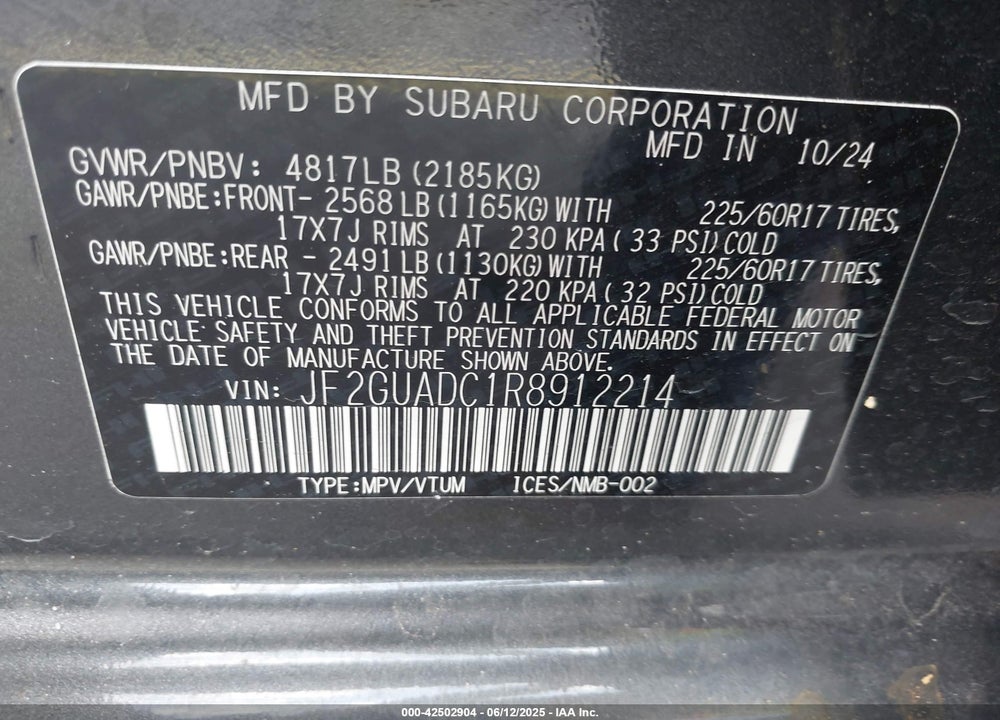 2024 SUBARU CROSSTREK PREMIUM VIN: JF2GUADC1R8912214