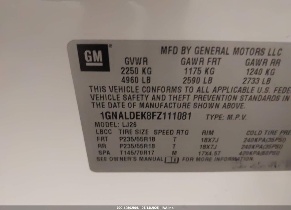 2015 CHEVROLET EQUINOX VIN: 1GNALDEK8FZ111081