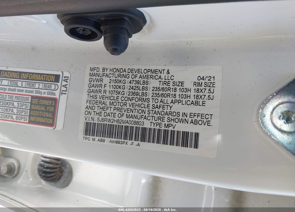 2021 HONDA CR-V AWD EX-L VIN: 5J6RW2H82MA008803