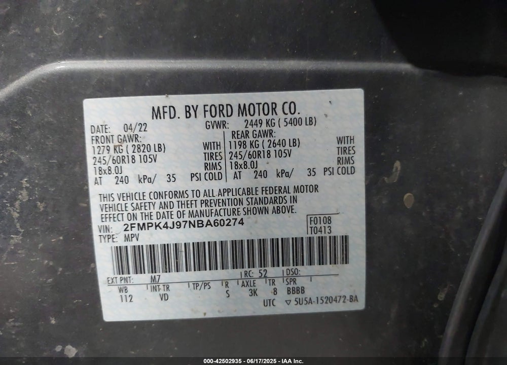 2022 FORD EDGE VIN: 2FMPK4J97NBA60274