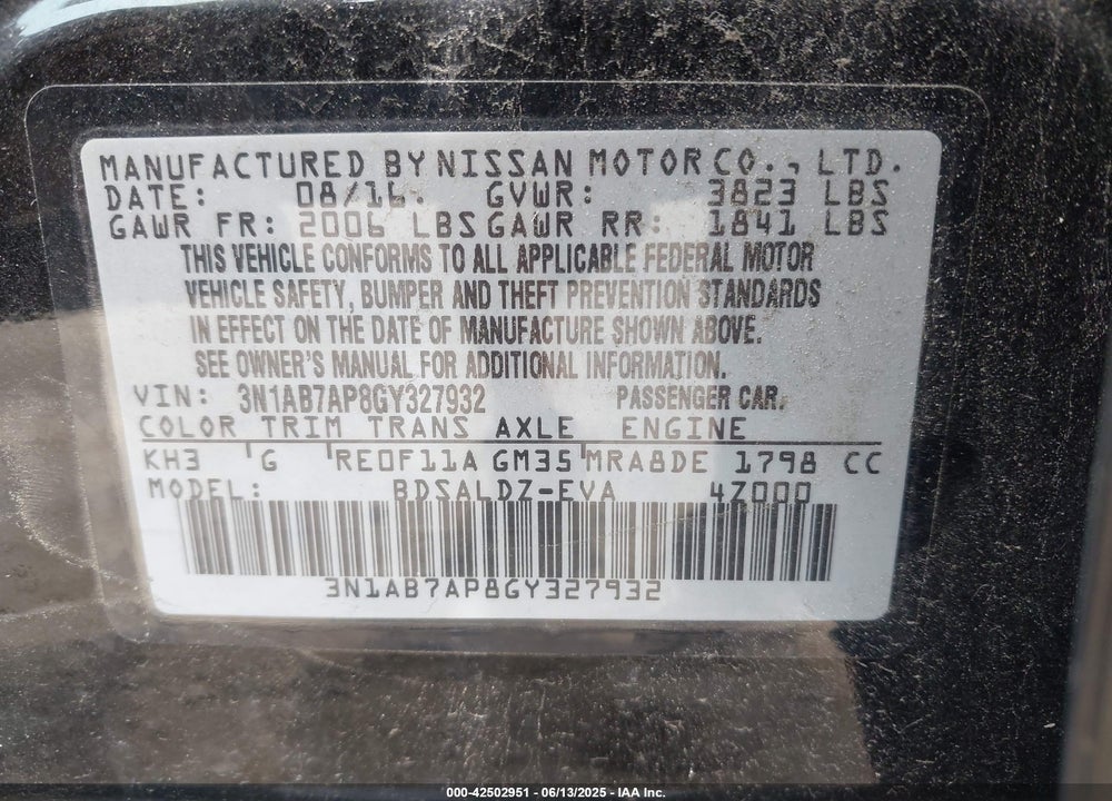 2016 NISSAN SENTRA VIN: 3N1AB7AP8GY327932