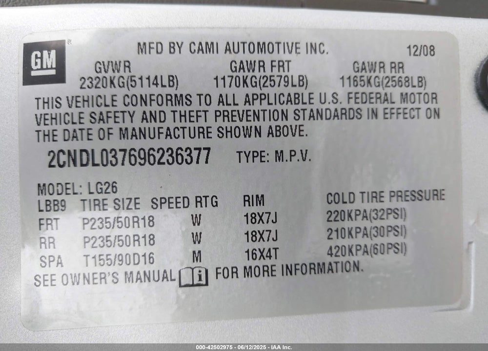 2009 CHEVROLET EQUINOX SPORT VIN: 2CNDL037696236377