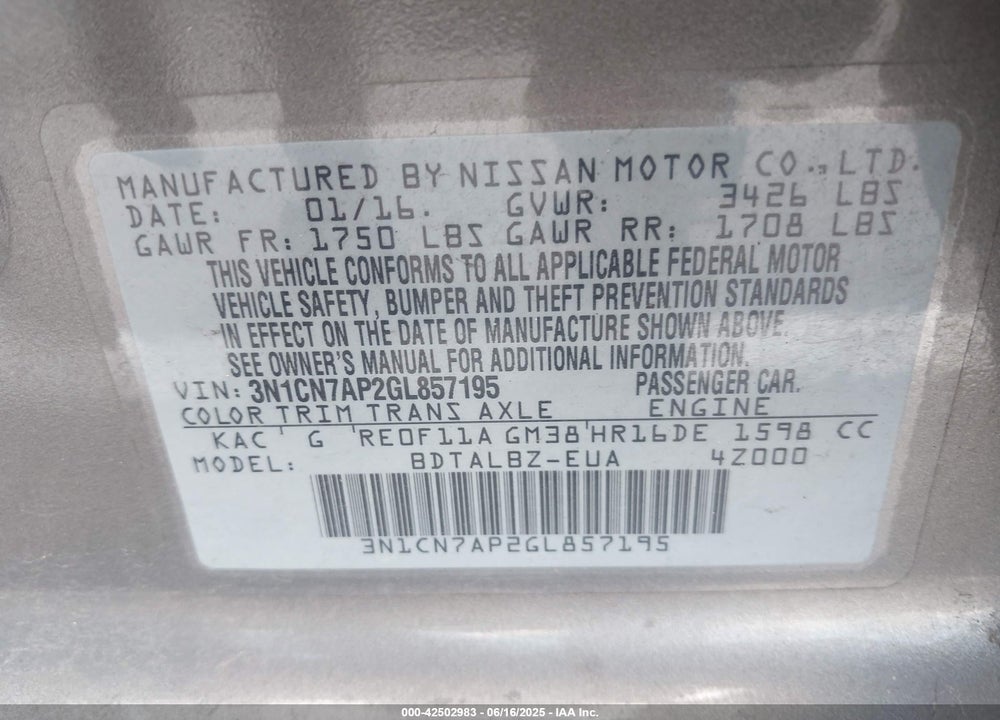 2016 NISSAN VERSA VIN: 3N1CN7AP2GL857195