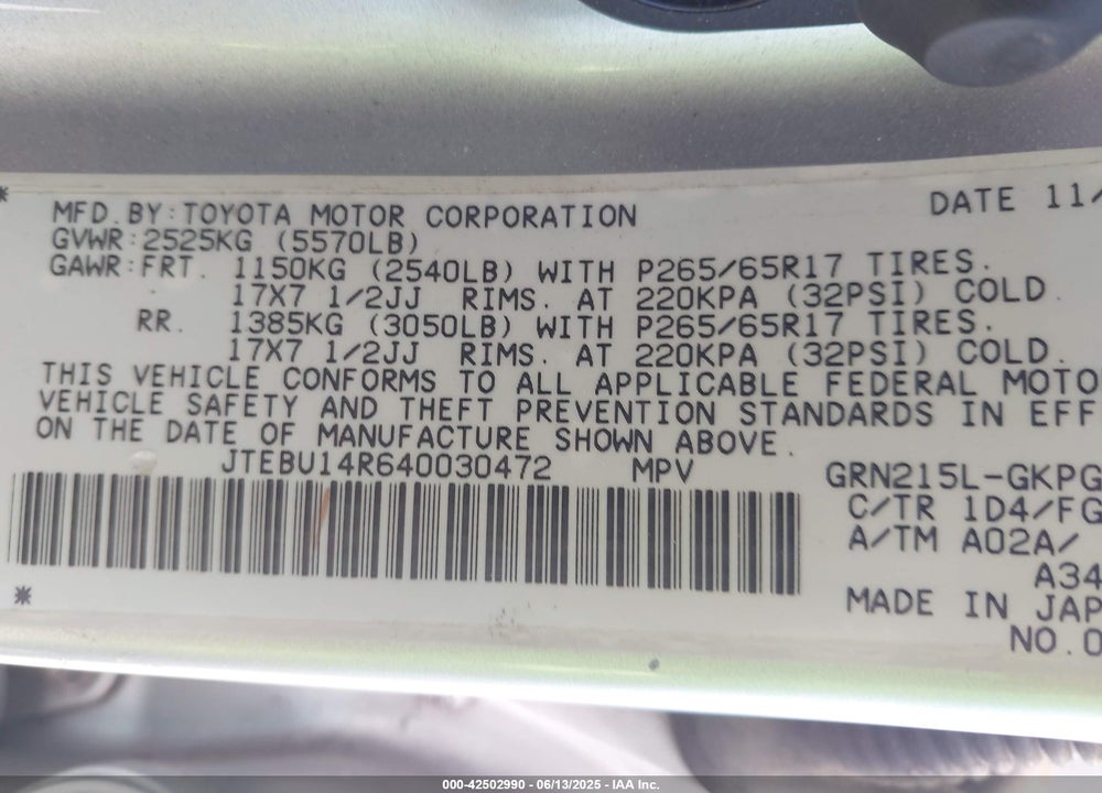 2004 TOYOTA 4RUNNER SR5 V6 VIN: JTEBU14R640030472