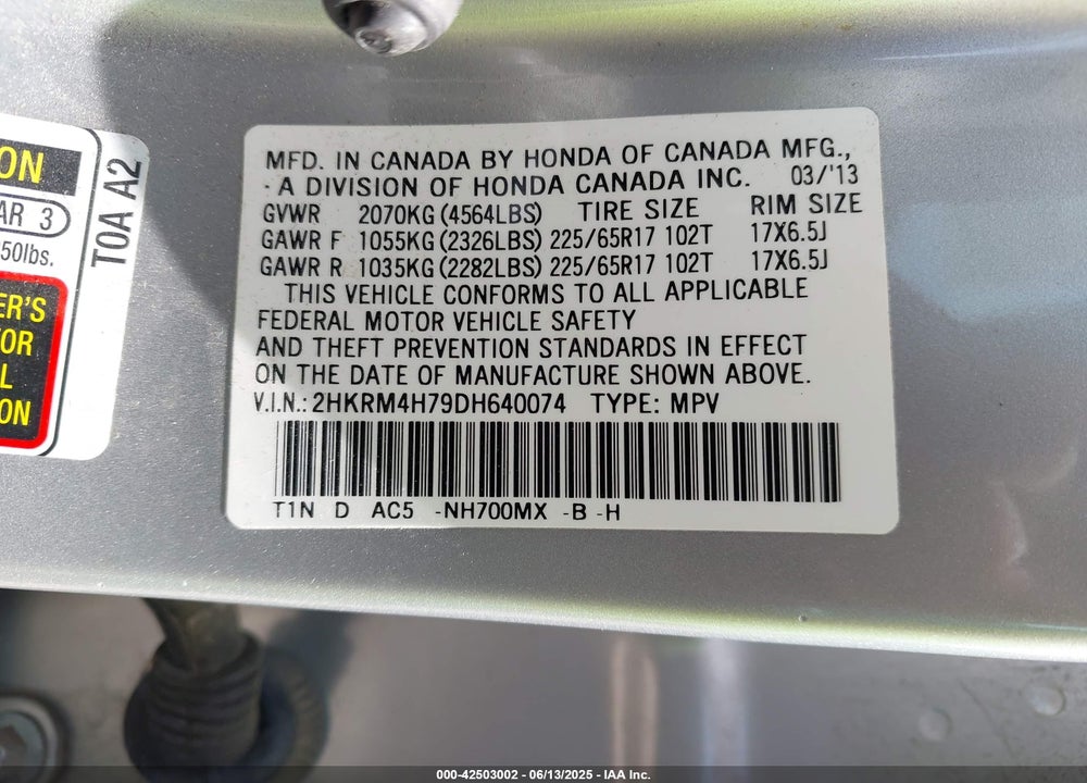 2013 HONDA CR-V VIN: 2HKRM4H79DH640074