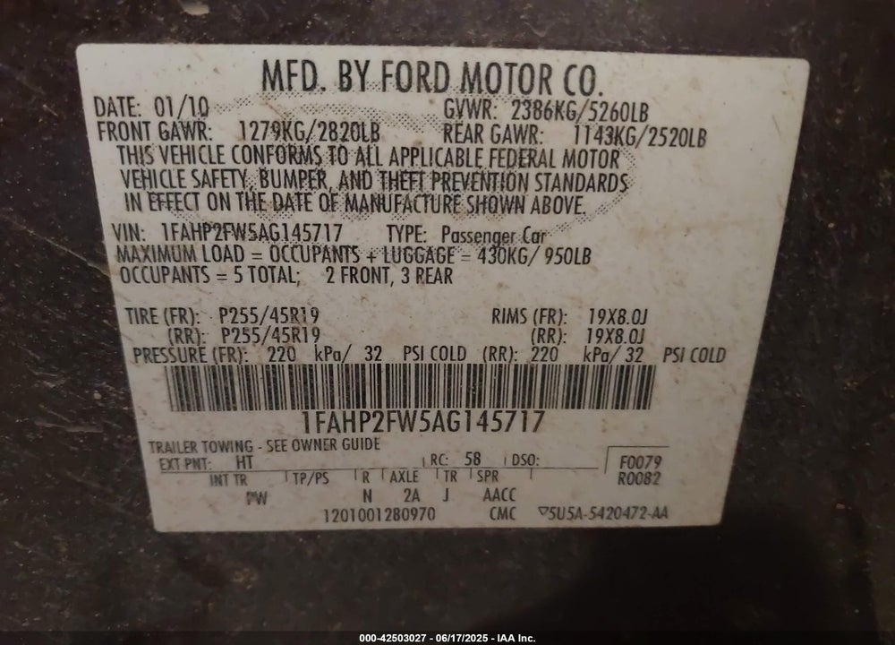 2010 FORD TAURUS VIN: 1FAHP2FW5AG145717