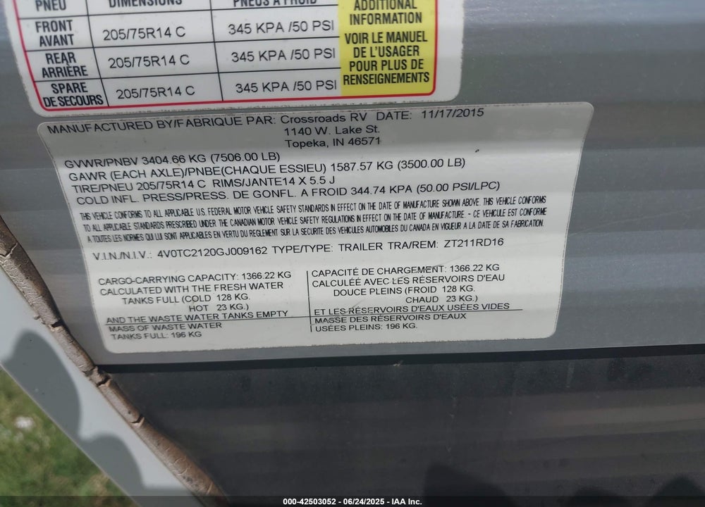 2016 CROSSROADS CAMPER VIN: 4V0TC2120GJ009162