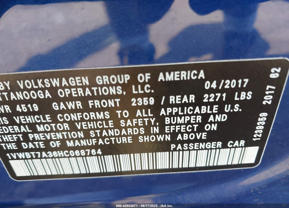 2017 VOLKSWAGEN PASSAT VIN: 1VWBT7A36HC068764