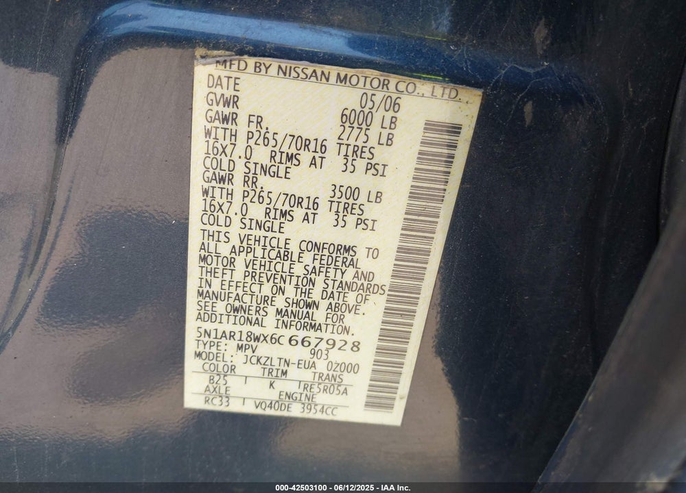 2006 NISSAN PATHFINDER VIN: 5N1AR18WX6C667928