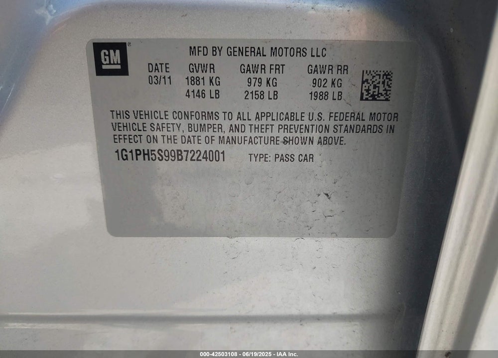 2011 CHEVROLET CRUZE VIN: 1G1PH5S99B7224001