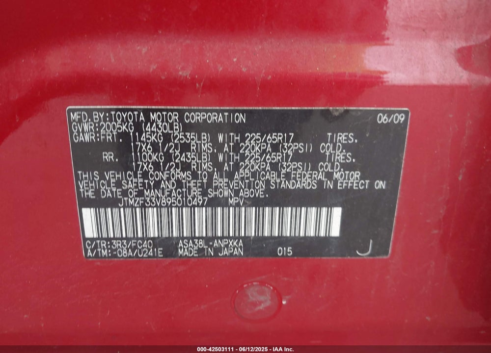 2009 TOYOTA RAV4 VIN: JTMZF33V895010497