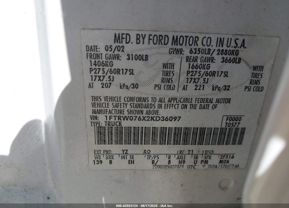 2002 FORD F-150 LARIAT/XLT VIN: 1FTRW076X2KD36097