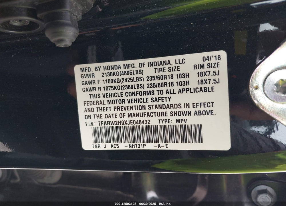 2018 HONDA CR-V VIN: 7FARW2H9XJE046432