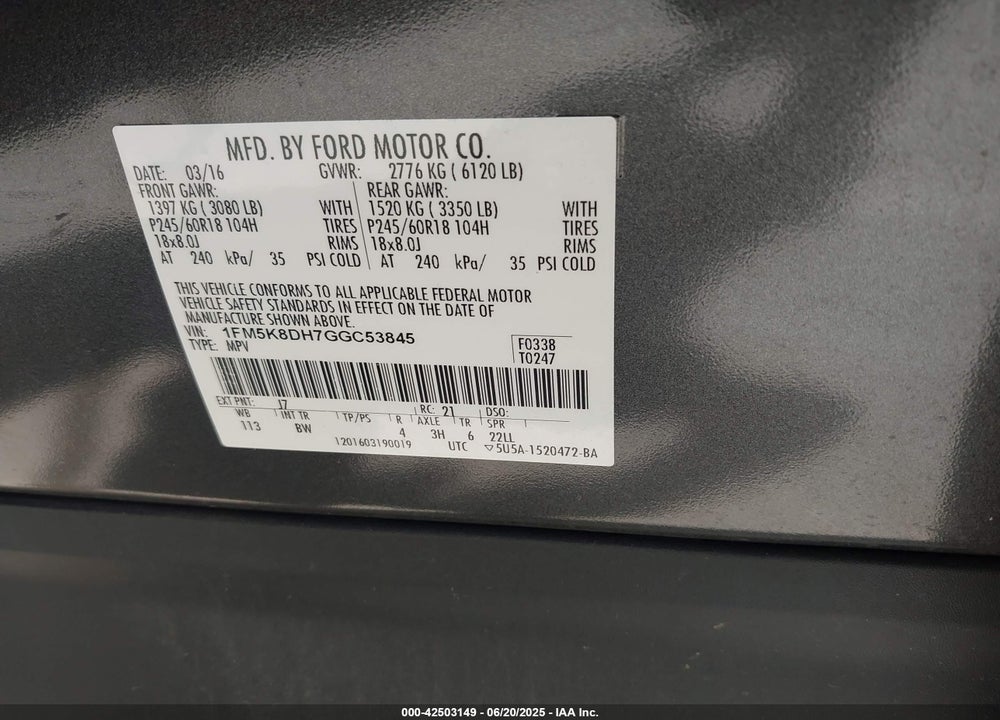 2016 FORD EXPLORER VIN: 1FM5K8DH7GGC53845