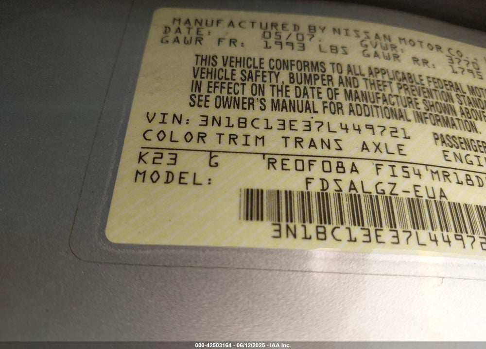 2007 NISSAN VERSA 1.8SL VIN: 3N1BC13E37L449721
