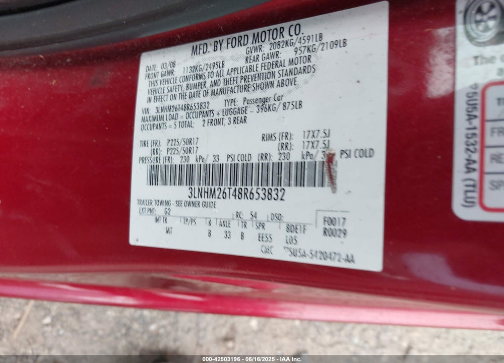 2008 LINCOLN MKZ VIN: 3LNHM26T48R653832