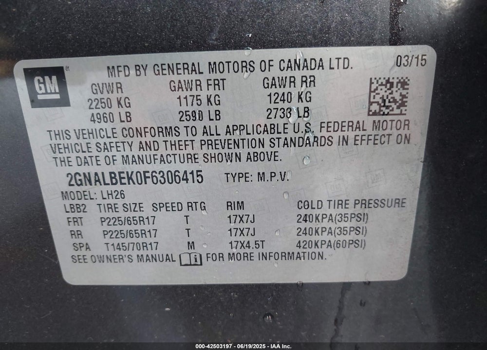 2015 CHEVROLET EQUINOX VIN: 2GNALBEK0F6306415