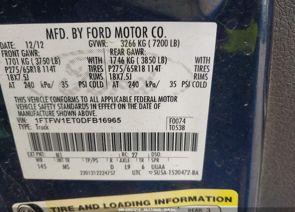 2013 FORD F-150 VIN: 1FTFW1ET0DFB16965