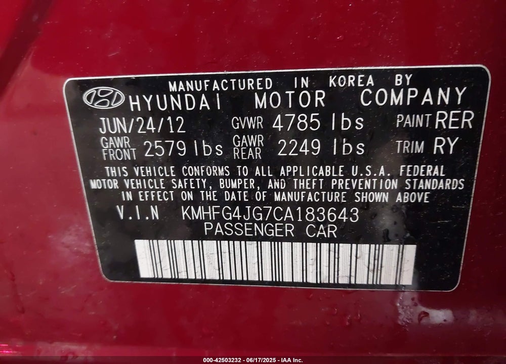 2012 HYUNDAI AZERA VIN: KMHFG4JG7CA183643