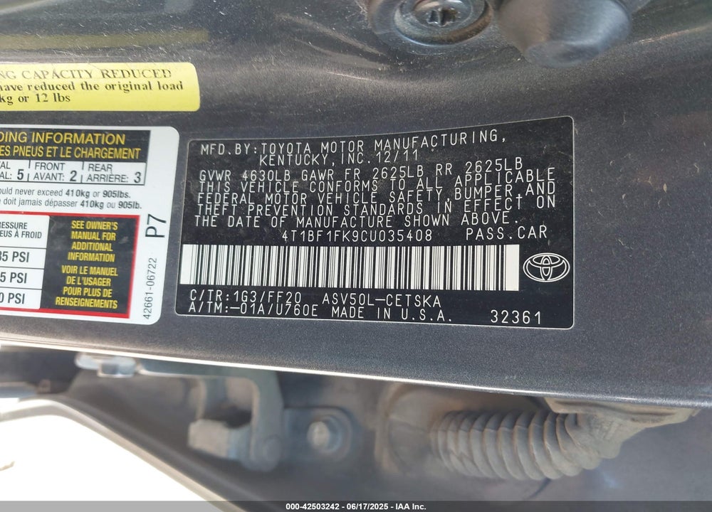 2012 TOYOTA CAMRY VIN: 4T1BF1FK9CU035408