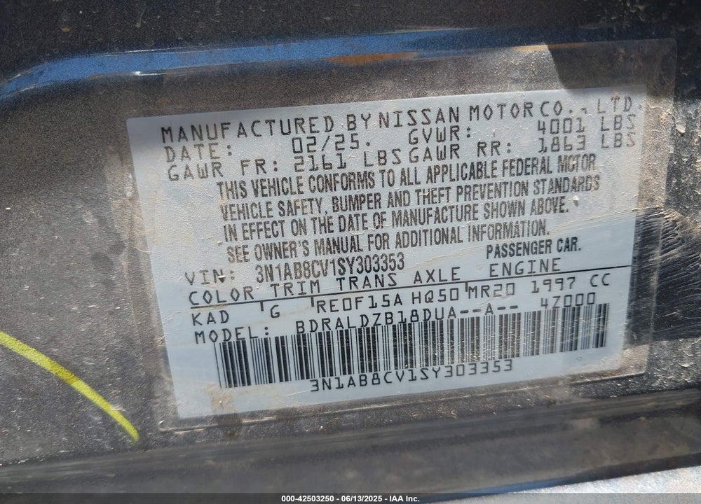 2025 NISSAN SENTRA SV VIN: 3N1AB8CV1SY303353
