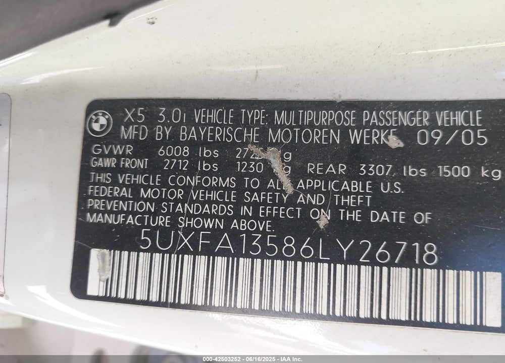 2006 BMW X5 3.0I VIN: 5UXFA13586LY26718
