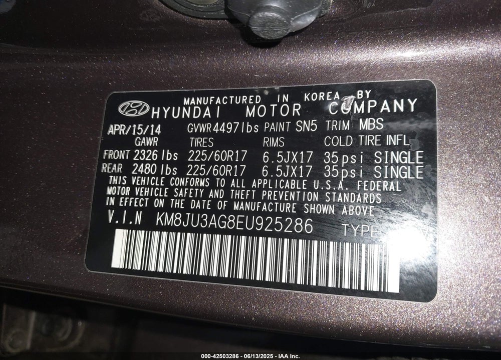 2014 HYUNDAI TUCSON VIN: KM8JU3AG8EU925286