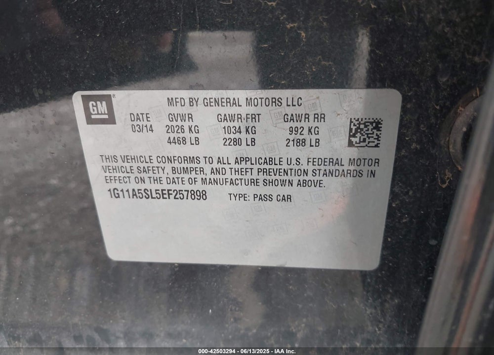 2014 CHEVROLET MALIBU 1FL VIN: 1G11A5SL5EF257898