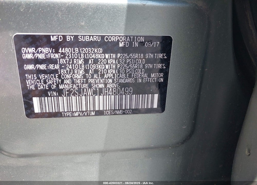 2018 SUBARU FORESTER VIN: JF2SJAWC1JH480499