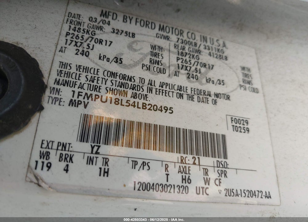 2004 FORD EXPEDITION EDDIE BAUER VIN: 1FMPU18L54LB20495
