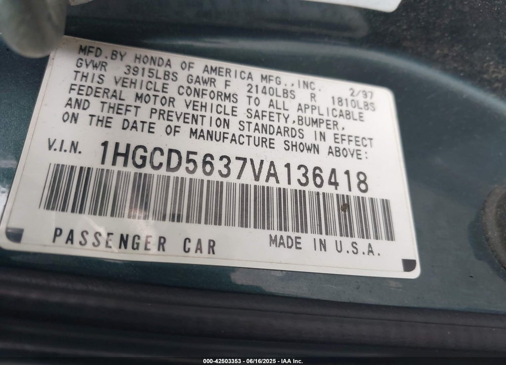 1997 HONDA ACCORD LX VIN: 1HGCD5637VA136418