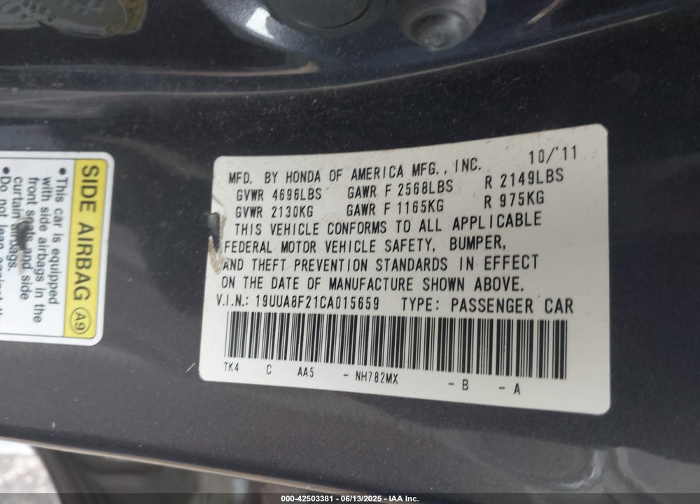 2012 ACURA TL 3.5 VIN: 19UUA8F21CA015659