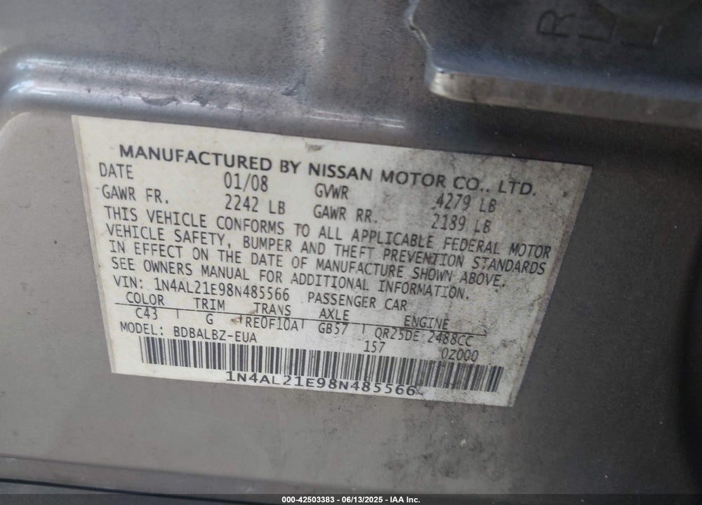2008 NISSAN ALTIMA VIN: 1N4AL21E98N485566