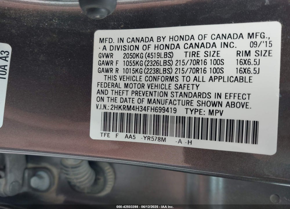2015 HONDA CR-V VIN: 2HKRM4H34FH699419